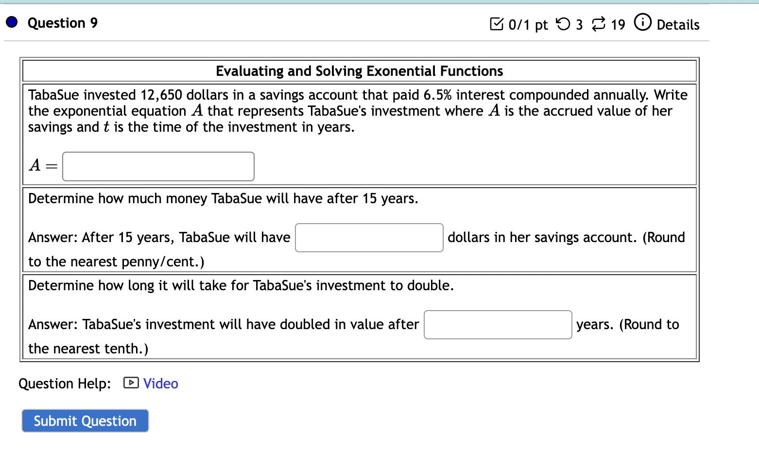 savings account that paid 6.5% interest compounded annually. Write the exponential equation