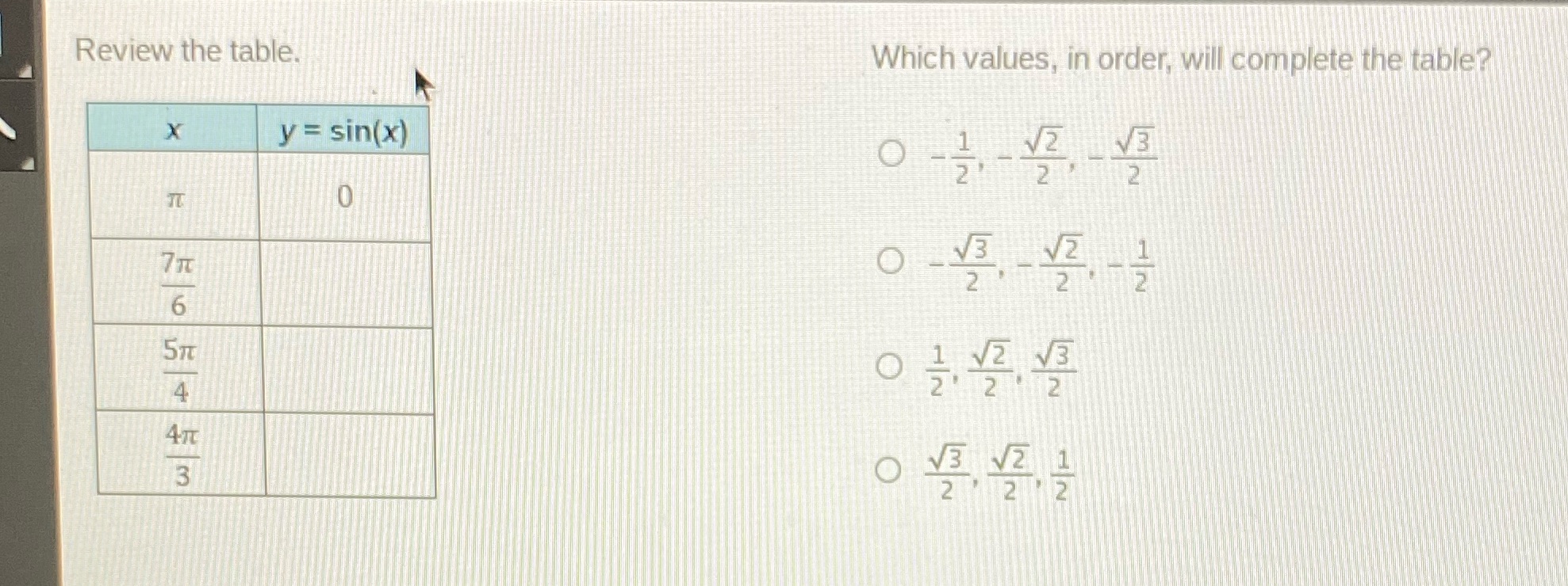  Review the table. Which values, in order, will complete the table?