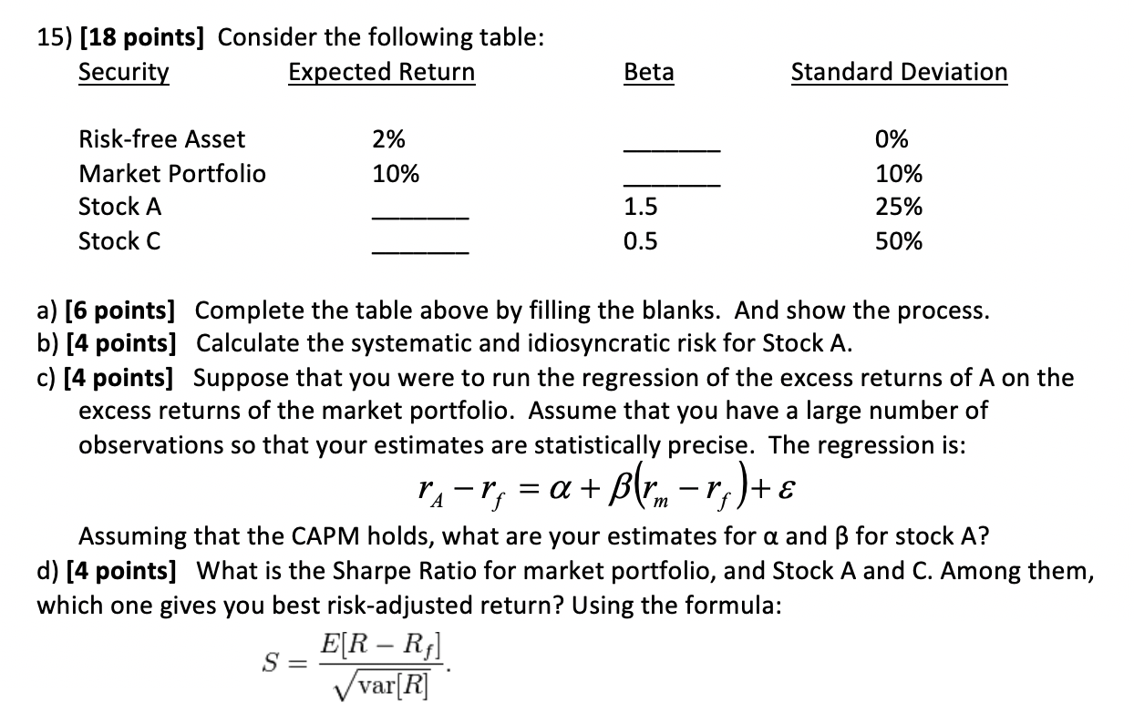 the following table: Securig Expected Return Beta Standard Deviation Risk-free Asset 2%