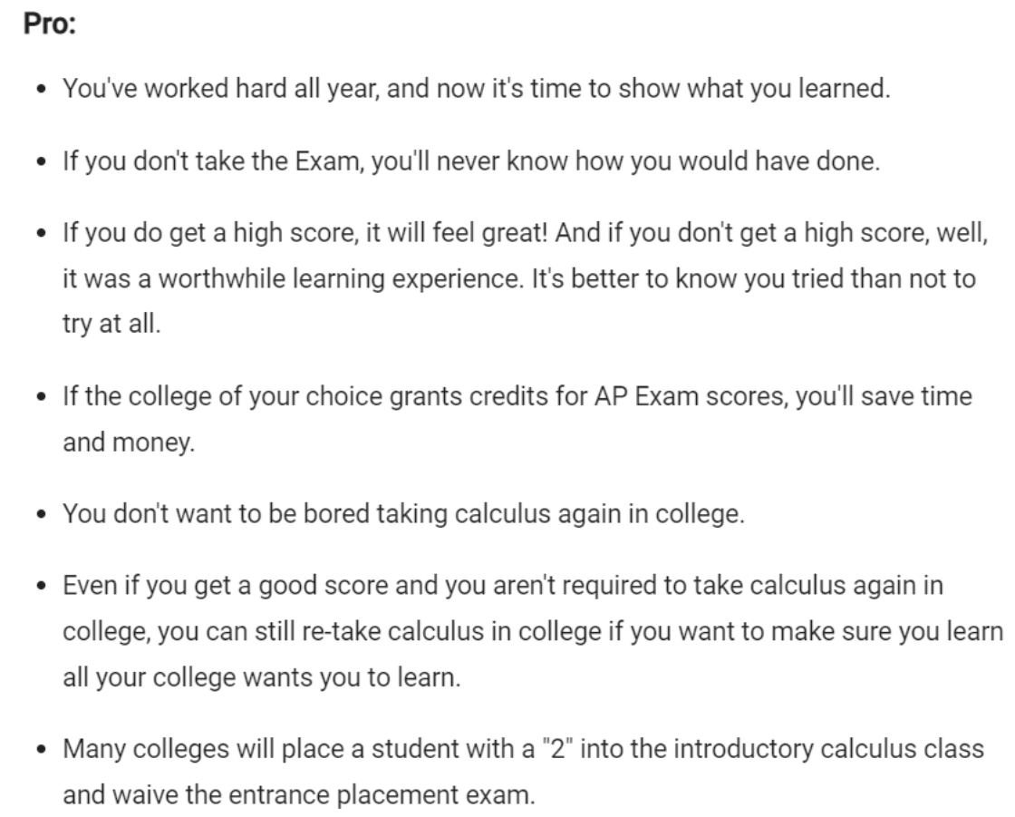 hasn't already been posted) for taking, or not taking, the AP Exam.