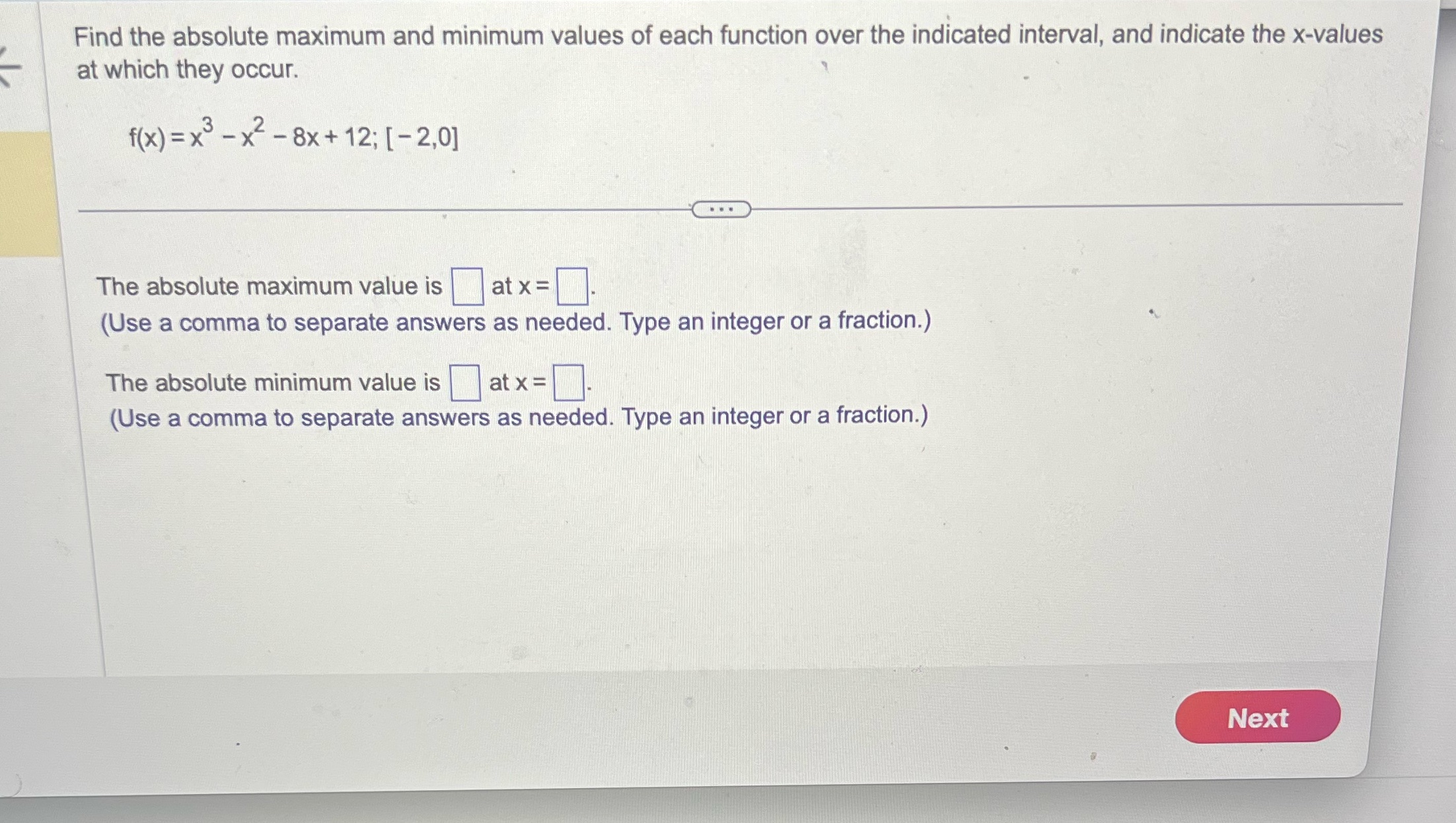  Find the absolute maximum and minimum values of each function over