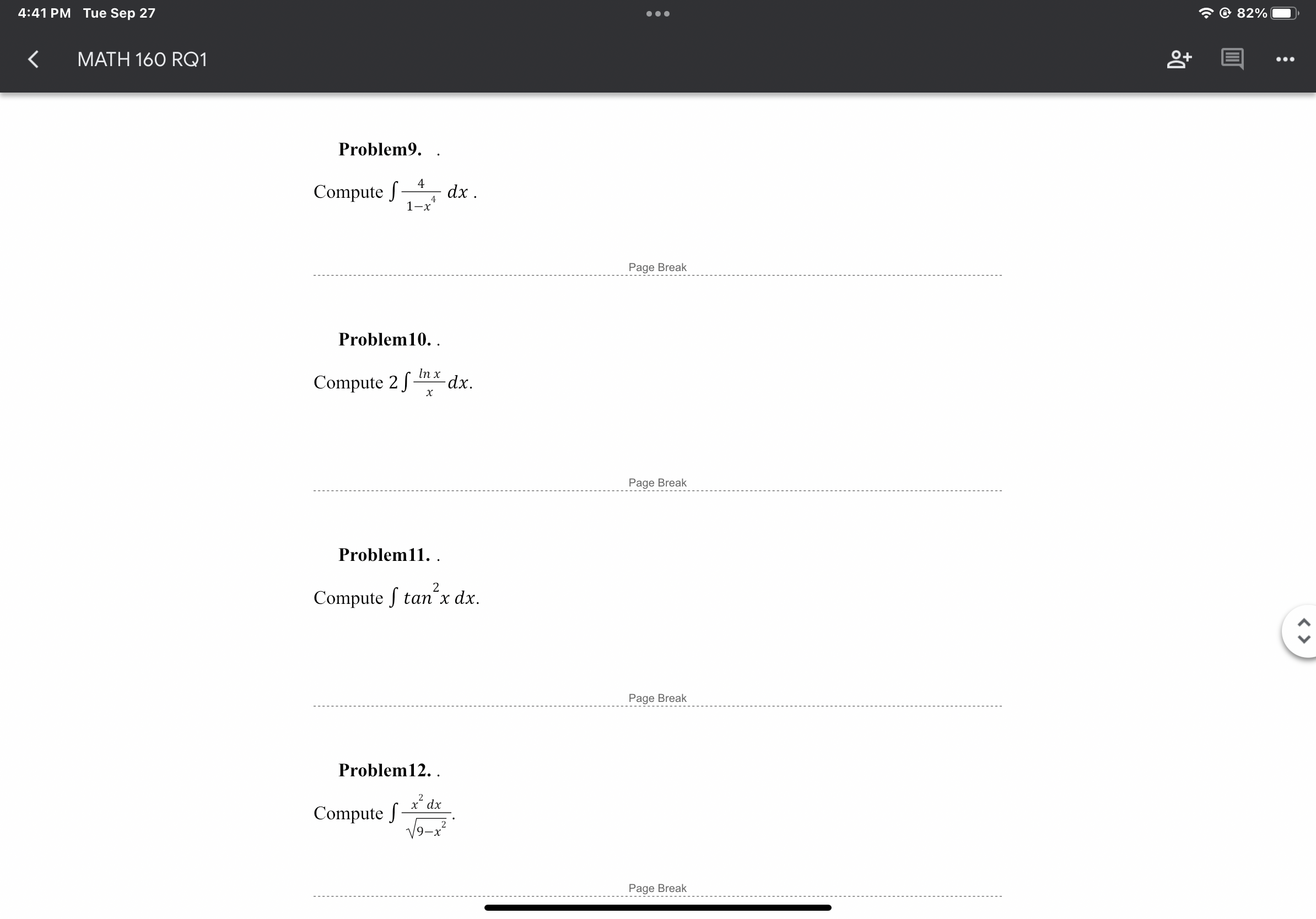 4:41 PM Tue sep 27 < MATH 160 Problem9. 4 Compute f