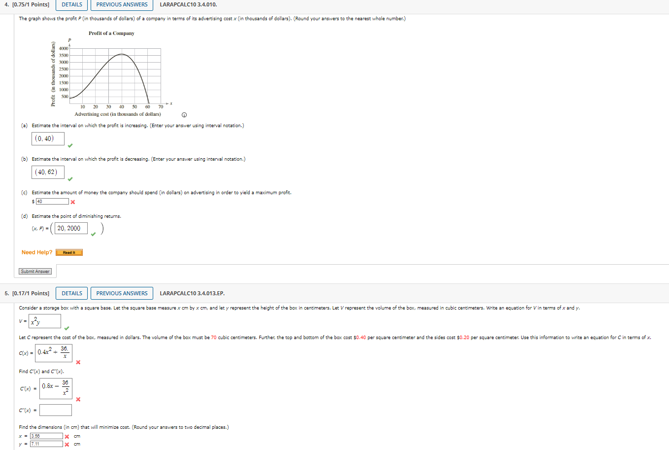 4. [0.75/1 Points) DETAILS PREVIOUS ANSWERS LARAPCALCIO 3.4.010. The graph the profit