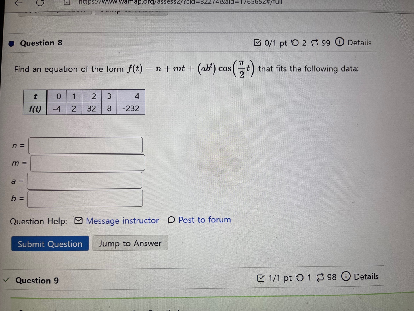 mt + (abt) cost ) that fits the following data: O 2