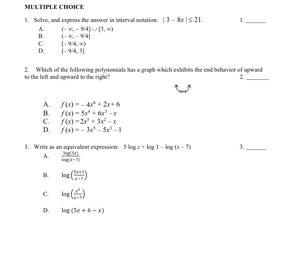  Plz answer MULTIPLE CHOICE 1. Solve, and express the answer in