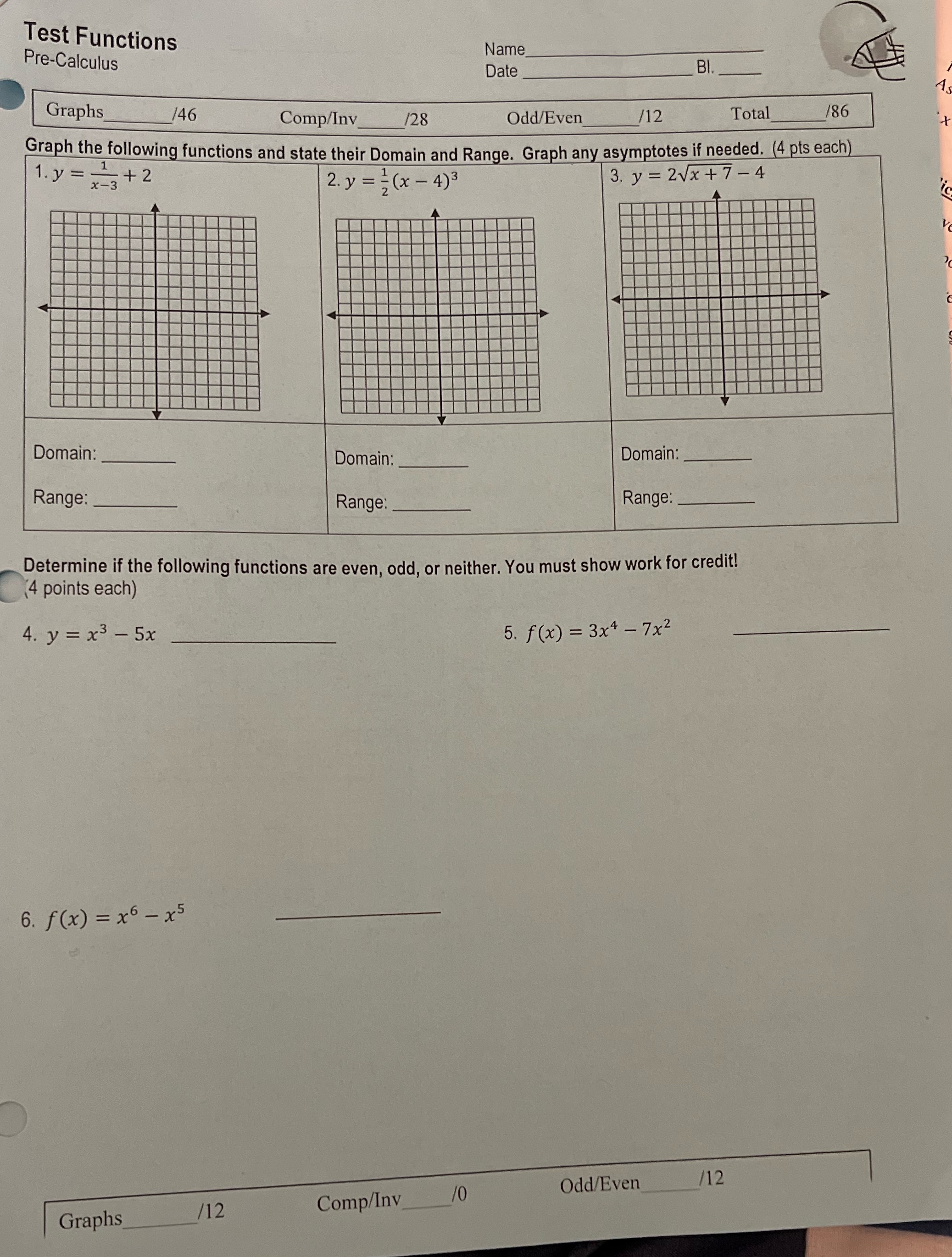  Test Functions Pre-Calculus Name Date BI Graphs /46 Comp/Inv 128 Odd/Even