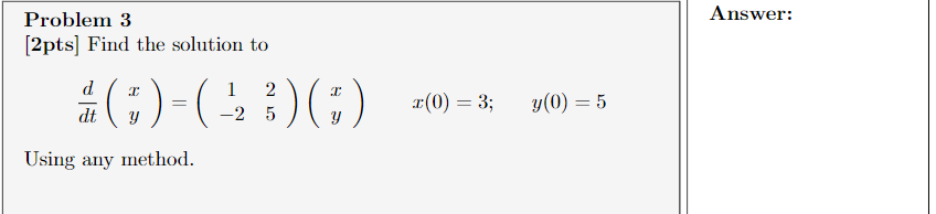  Problem 3 Answer: [2pts] Find the solution to dt - (