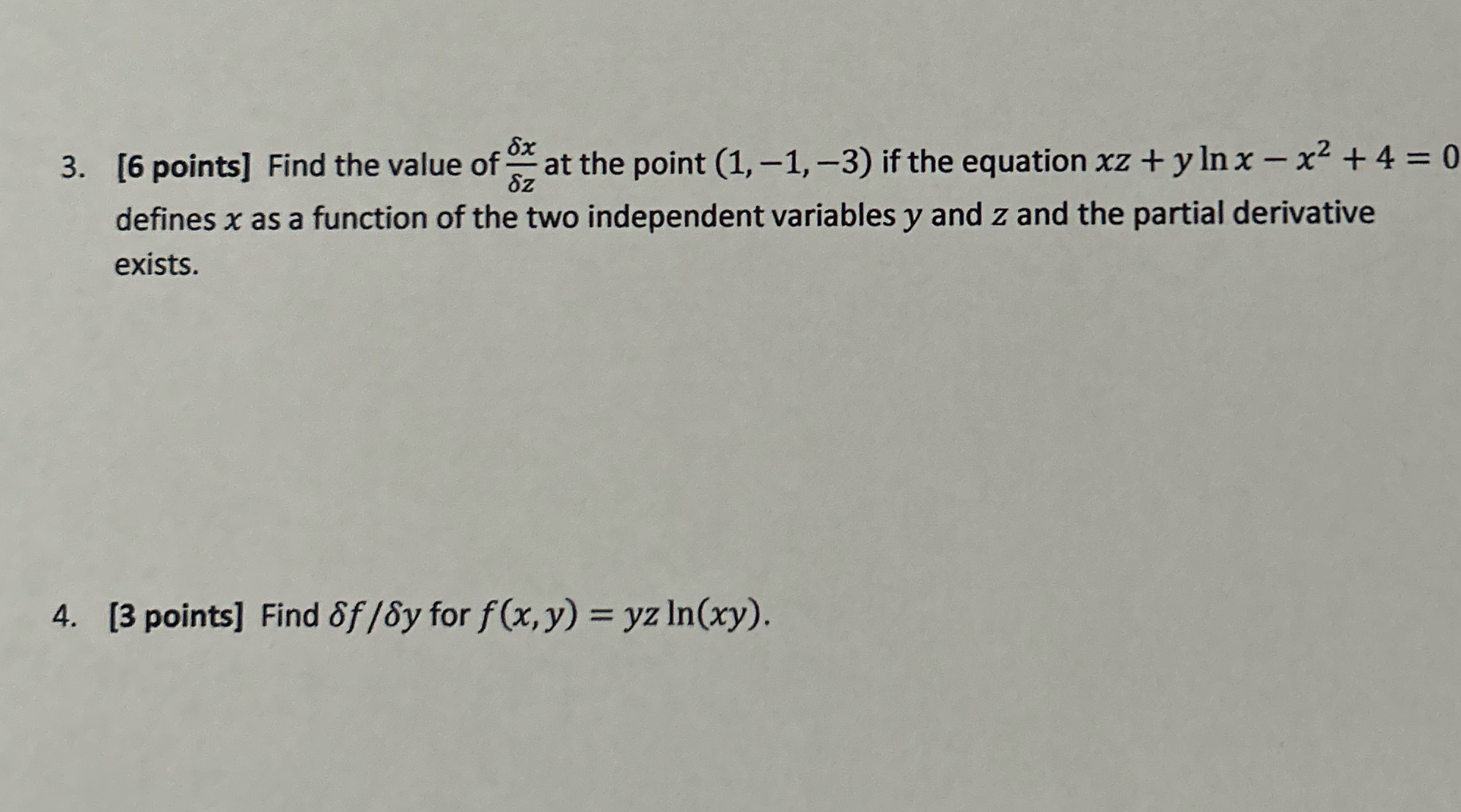 value of at the point (1, -1, -3) if the equation xz