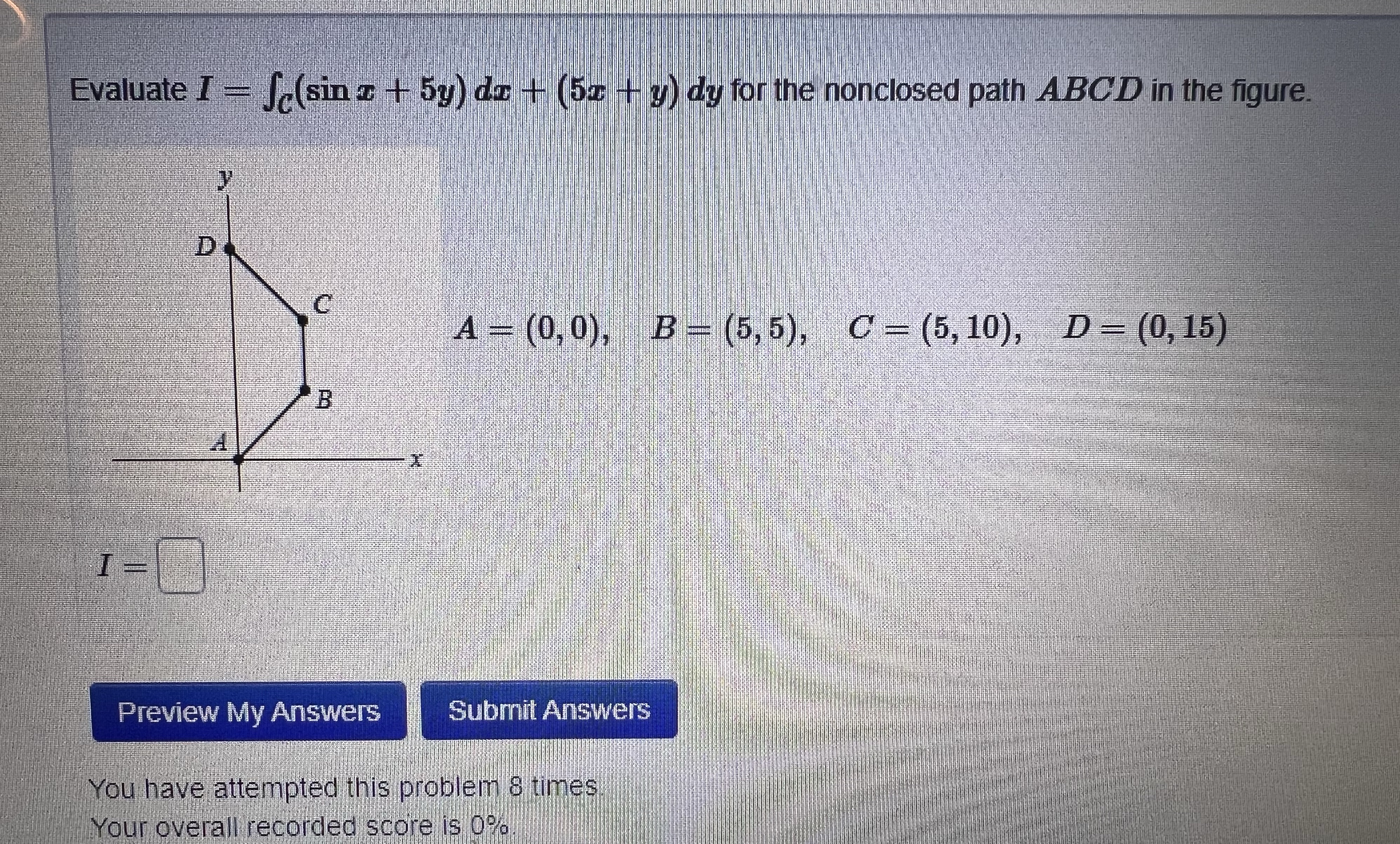  Evaluate I = [(sin z + 5y) dz + (5z -+