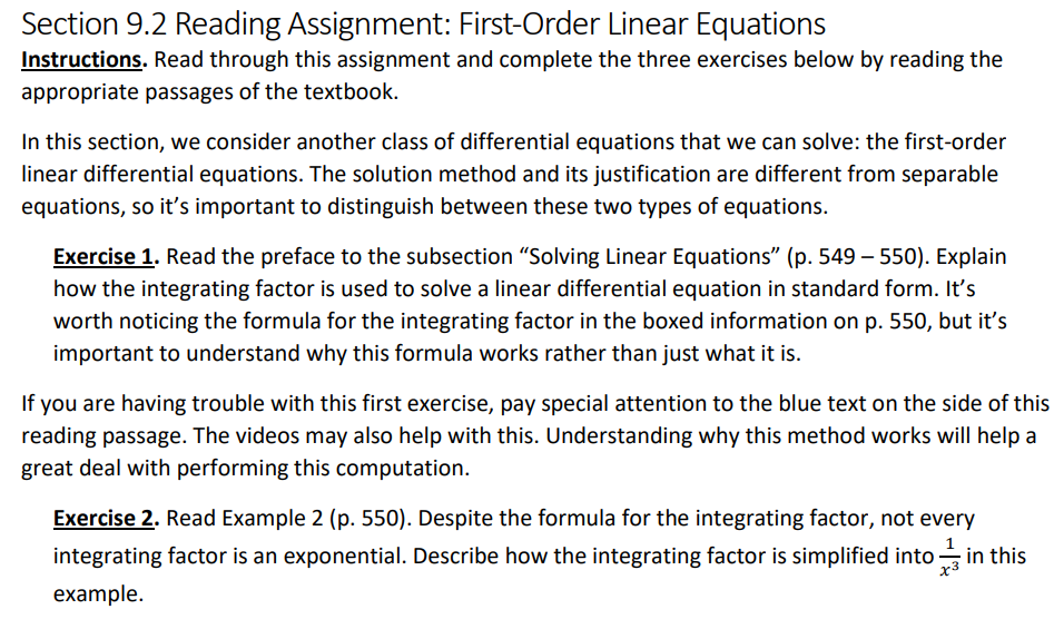 Section 9.2 Reading Assignment: First-Order Linear EquationsAnswer Only Exercise 1, 2,