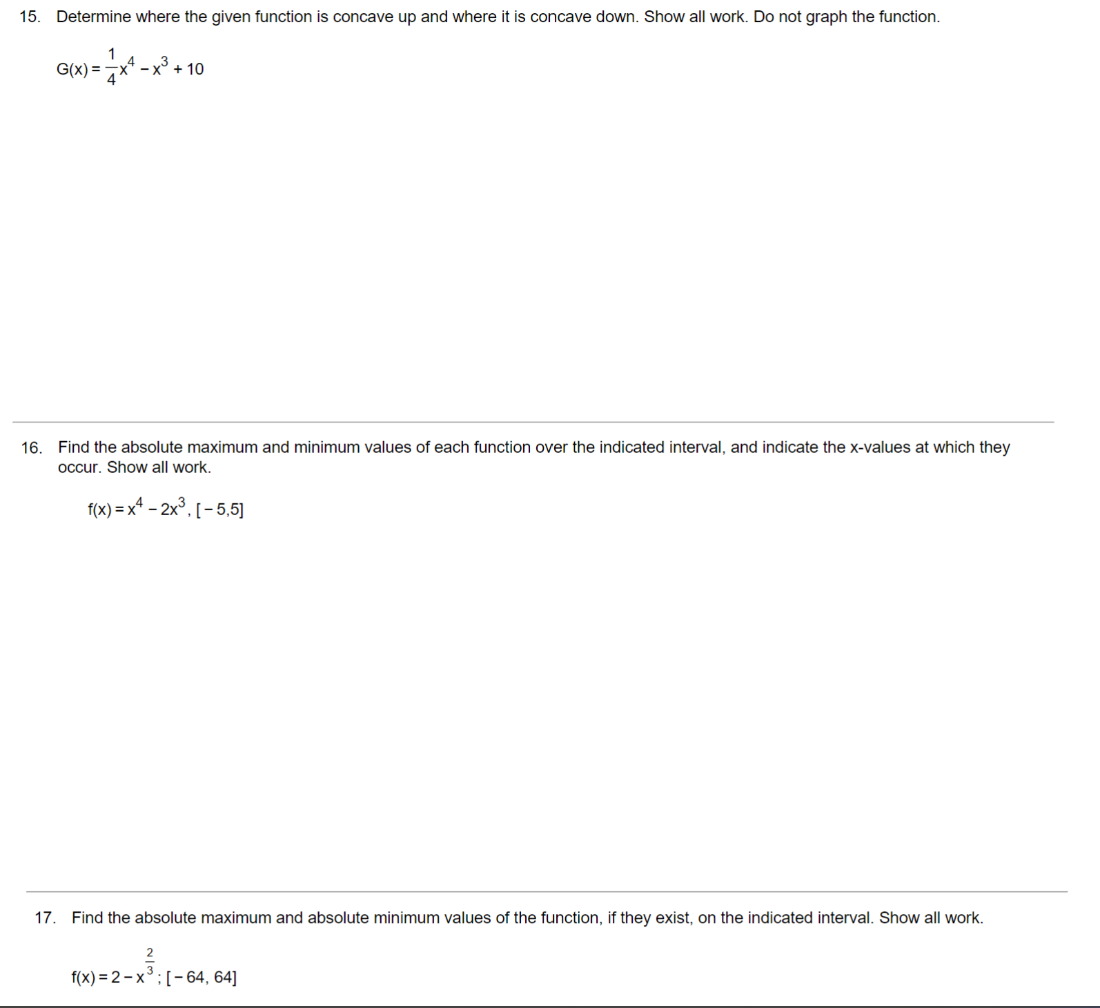 1 G(x)= 2x4 x3 +10 16. Find the absolute maximum and minimum