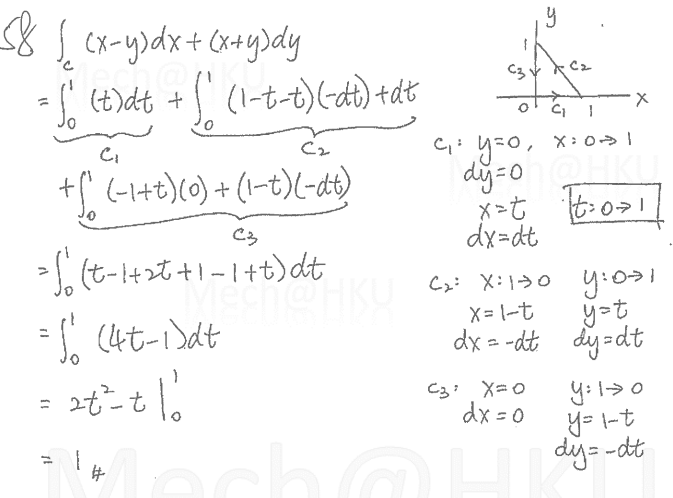 counterclockwise around the triangle with vertices (0, 0), (1,0), and (0, 1).