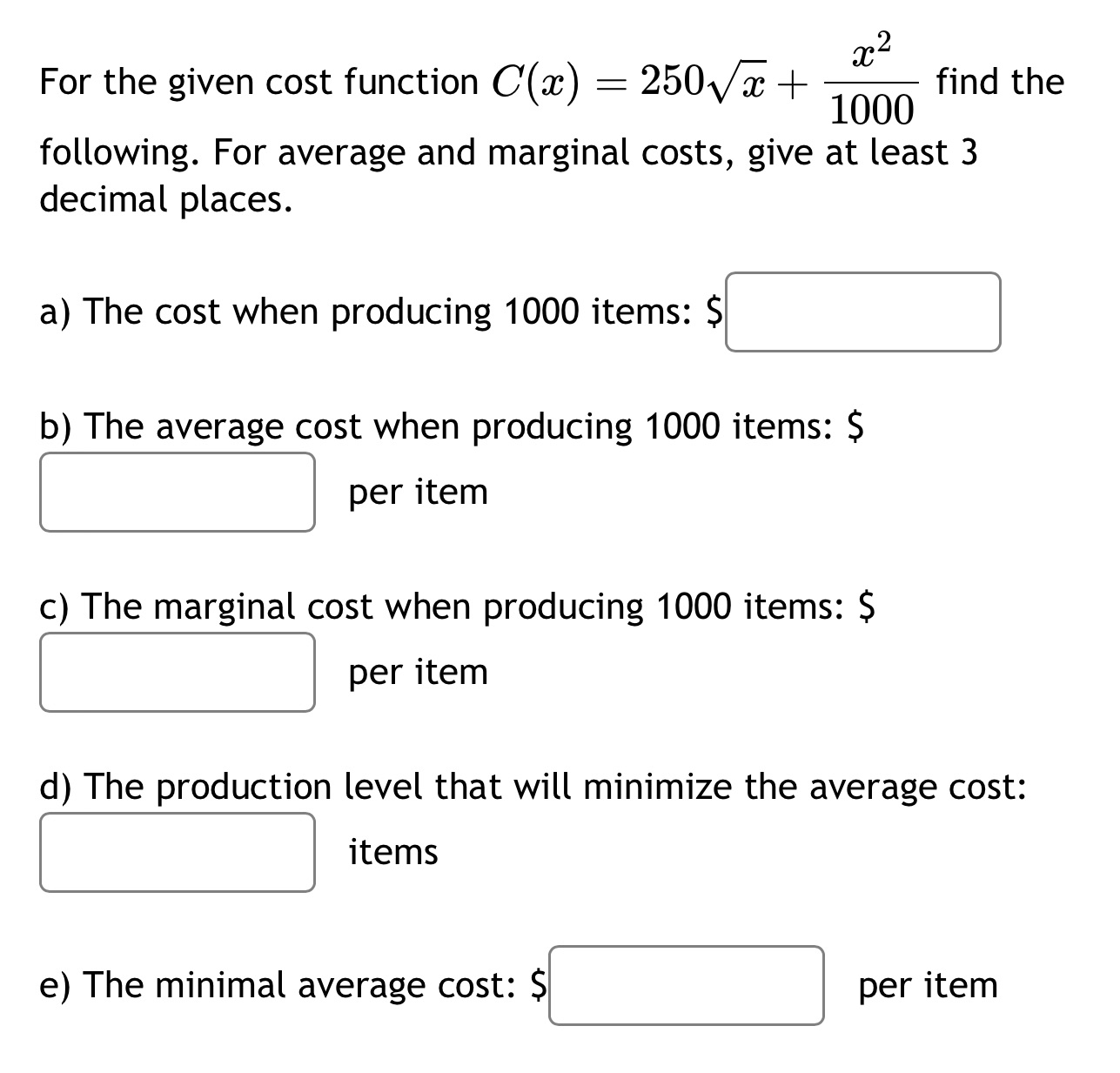 2 2 For the given cost function C(x) = 250Vx +