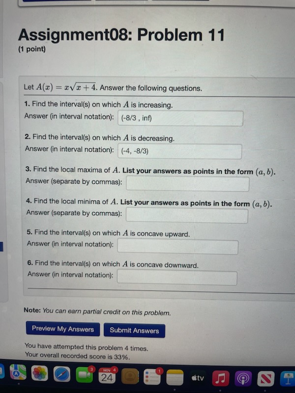 Answer the following questions. 1. Find the interval(s) on which A is