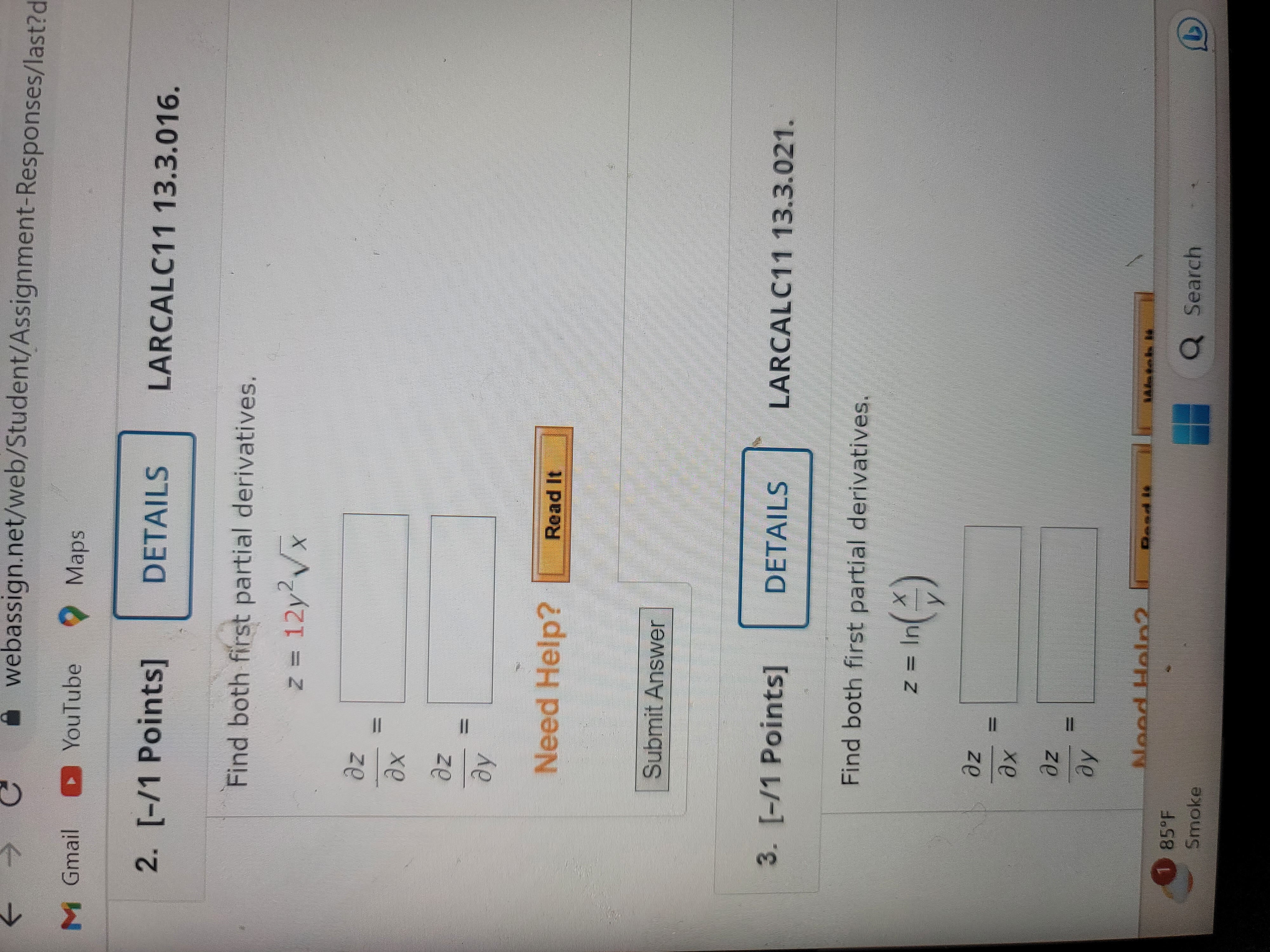 Oz ay 85.F Q Search Smoke4. [-/1 Points] DETAILS LARCALC11 13.3.043. Use