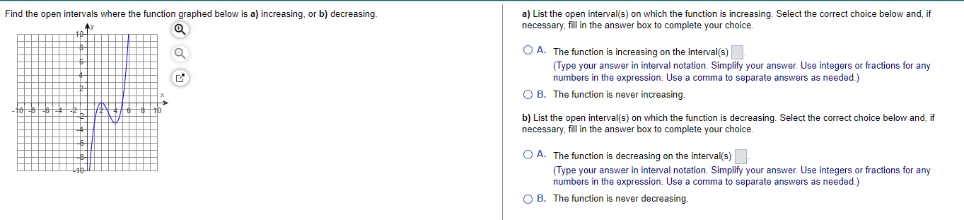 Find the open intervals where the function graphed below is a)
