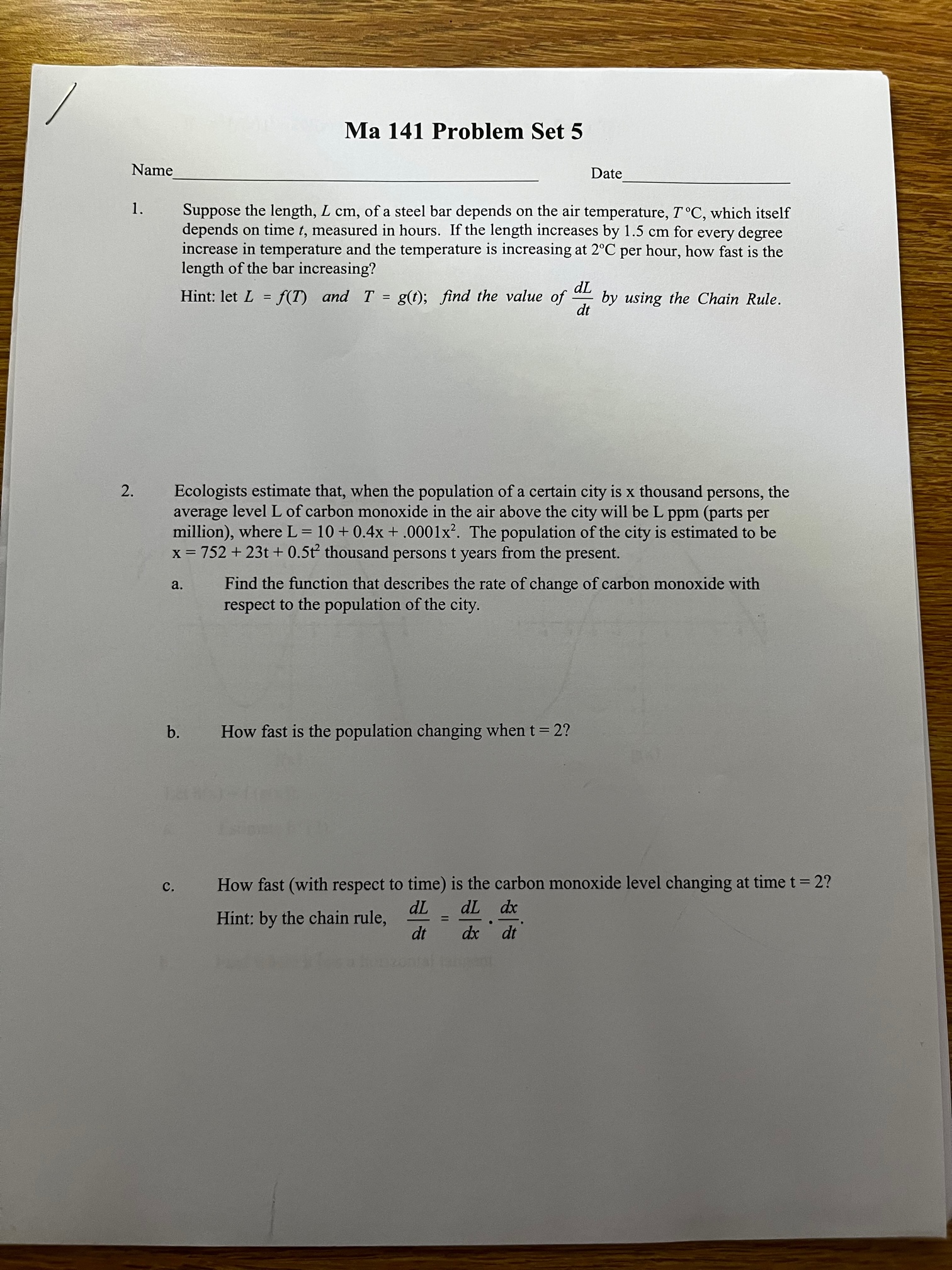  Ma 141 Problem Set 5 Name Date 1 . Suppose the
