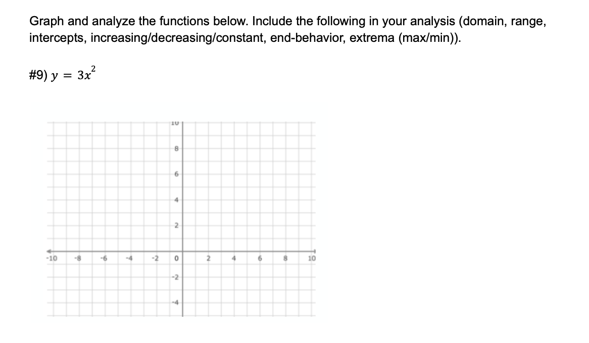 analysis (domain, range, intercepts, increasing/decreasing/constant, end-behavior, extrema (max/min)). #9) y = 3x