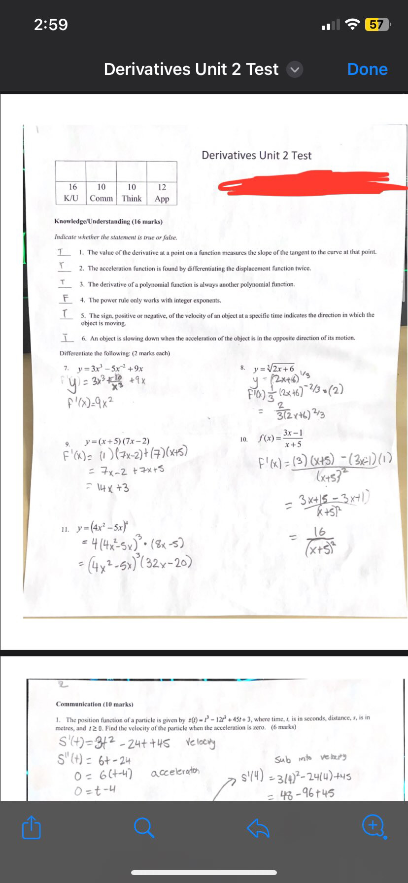 Derivatives Unit 2 Test 12 App Knowledge/Understanding 16 marks) Indicate whether the