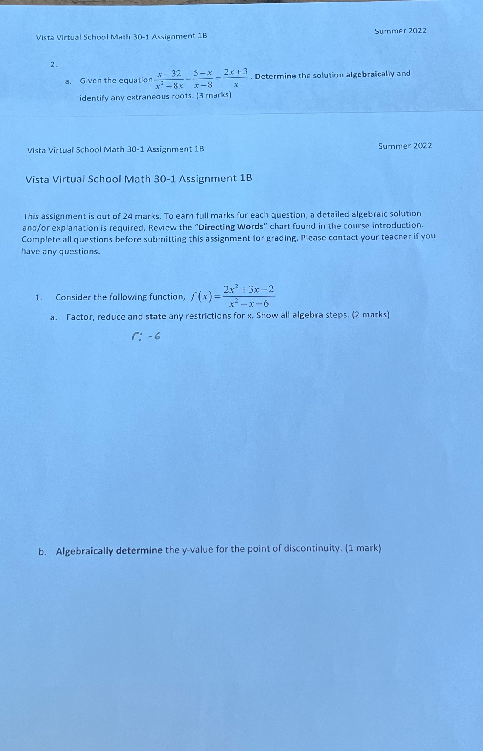 Vista Virtual School Math 30-1 Assignment 1B Summer 2022 2 .