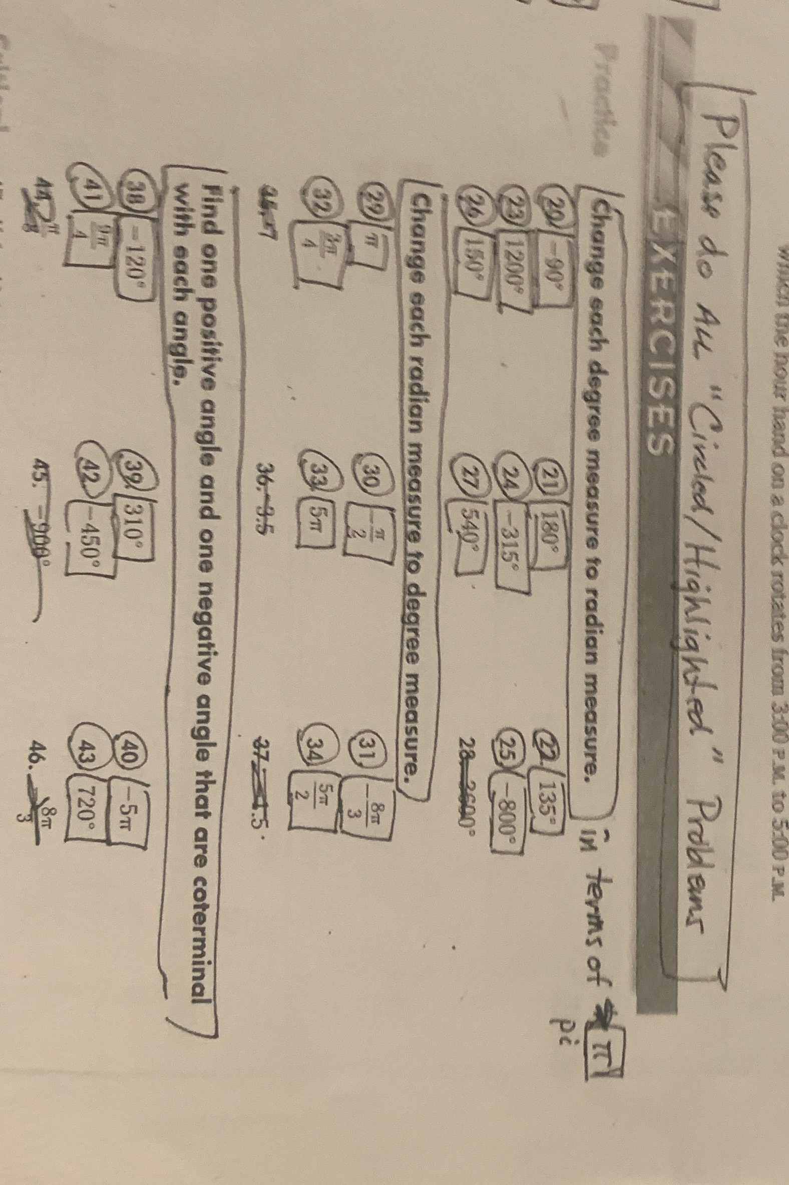 "Circled / Highlighted" Problems EXERCISES Practice Change sach degree measure to radian