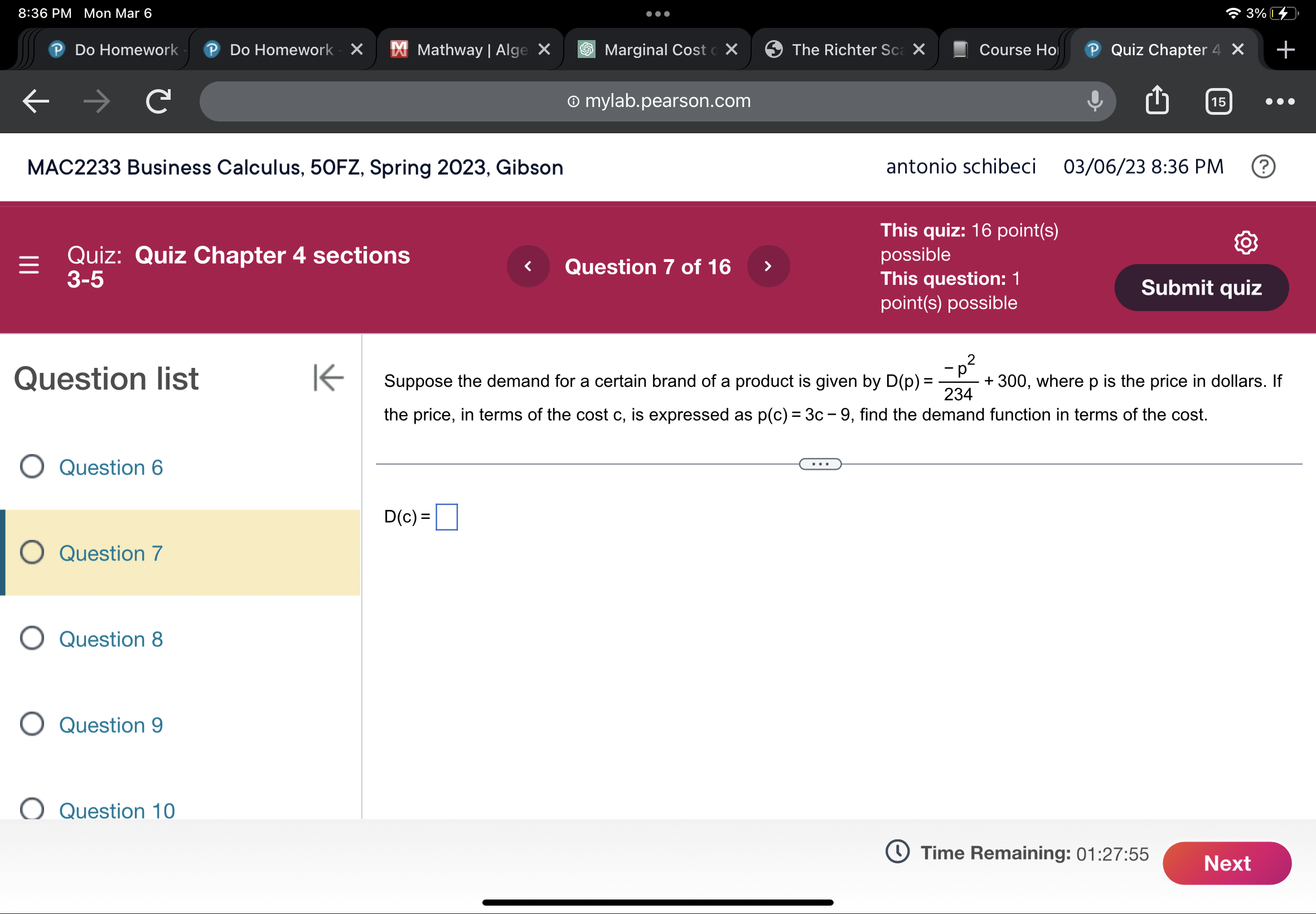 X Mathway | Alge X Marginal Cost c X The Richter Sc