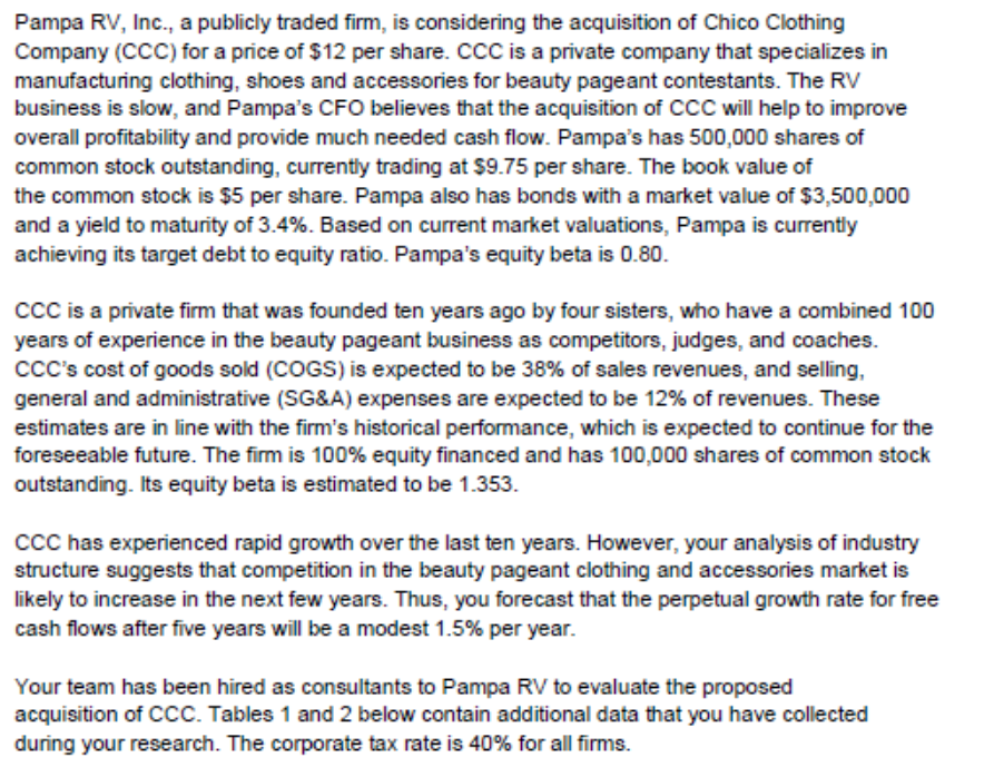 Pampa RV, Inc., a publicly traded firm, is considering the acquisition of