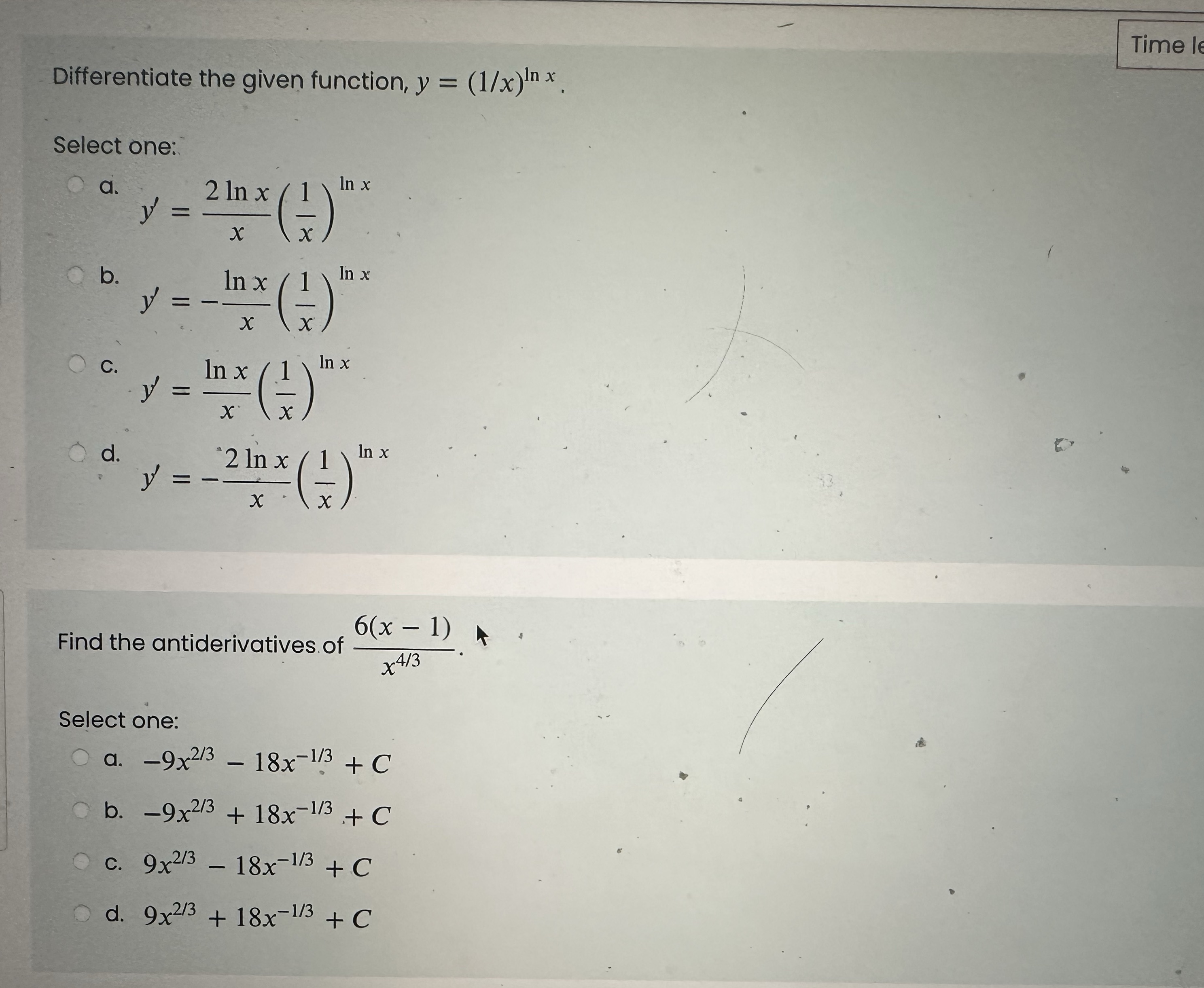 (1/x)In x Select one: a. 2 In x In x V =