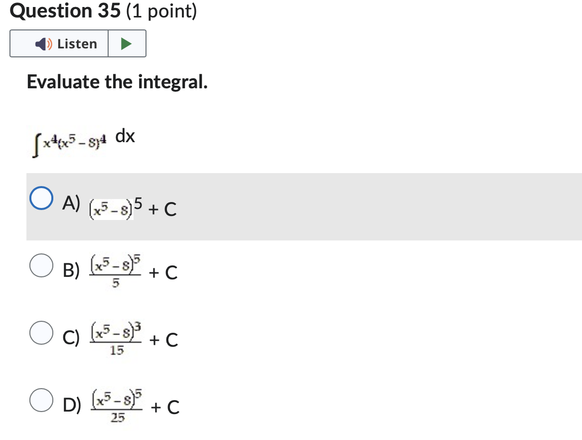 integral. [ 10 dx OAO O B) 10 + C O C)