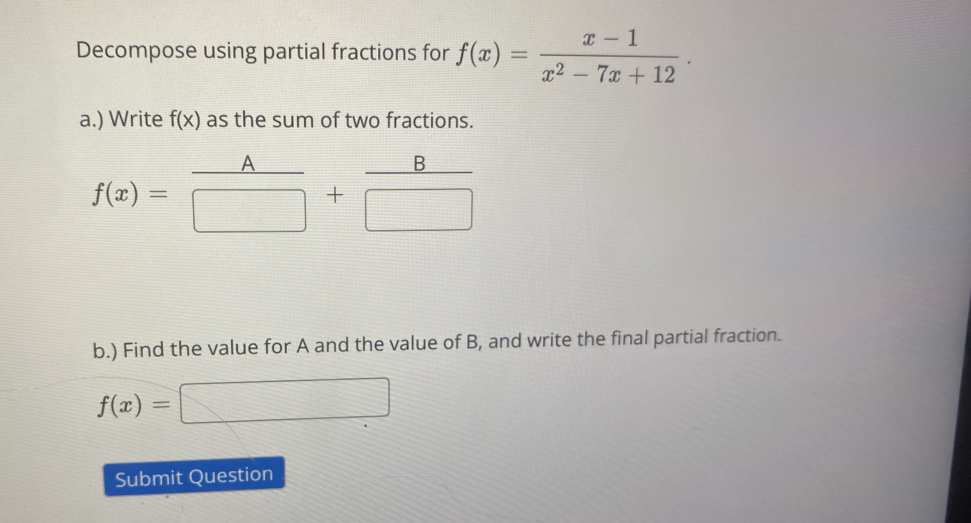 partial fractions for f(a) = x - 1 ac 2 - 7x