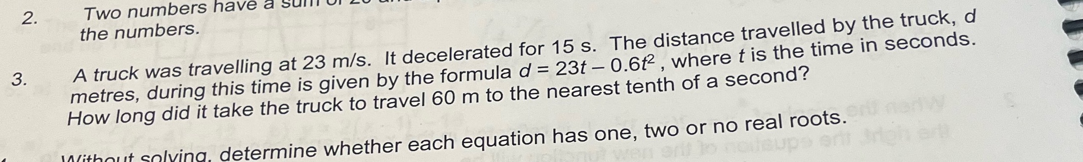 a suill the numbers. 3. A truck was travelling at 23 m/s.
