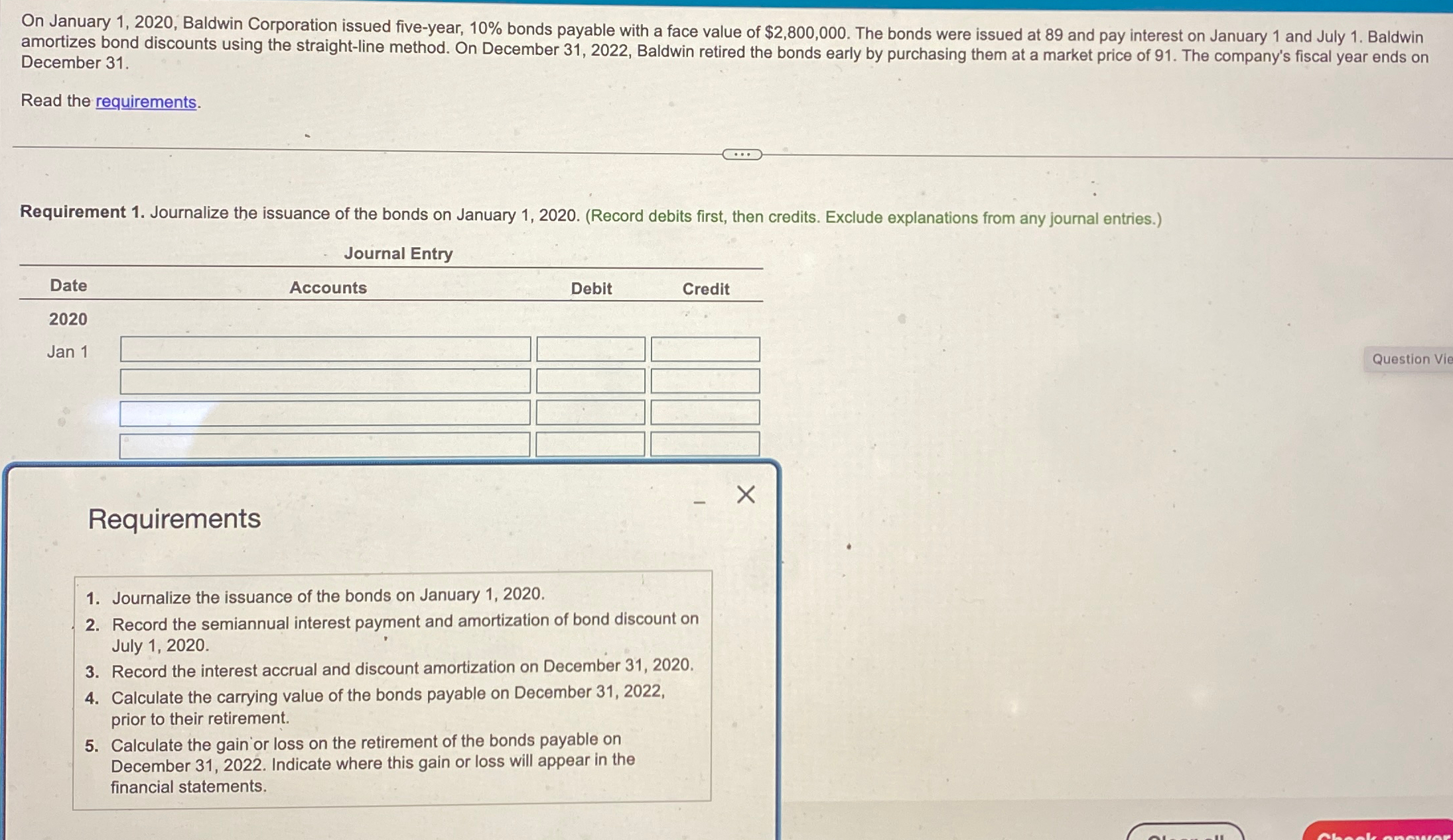  On January 1,2020, Baldwin Corporation issued five-year, 10% bonds payable with