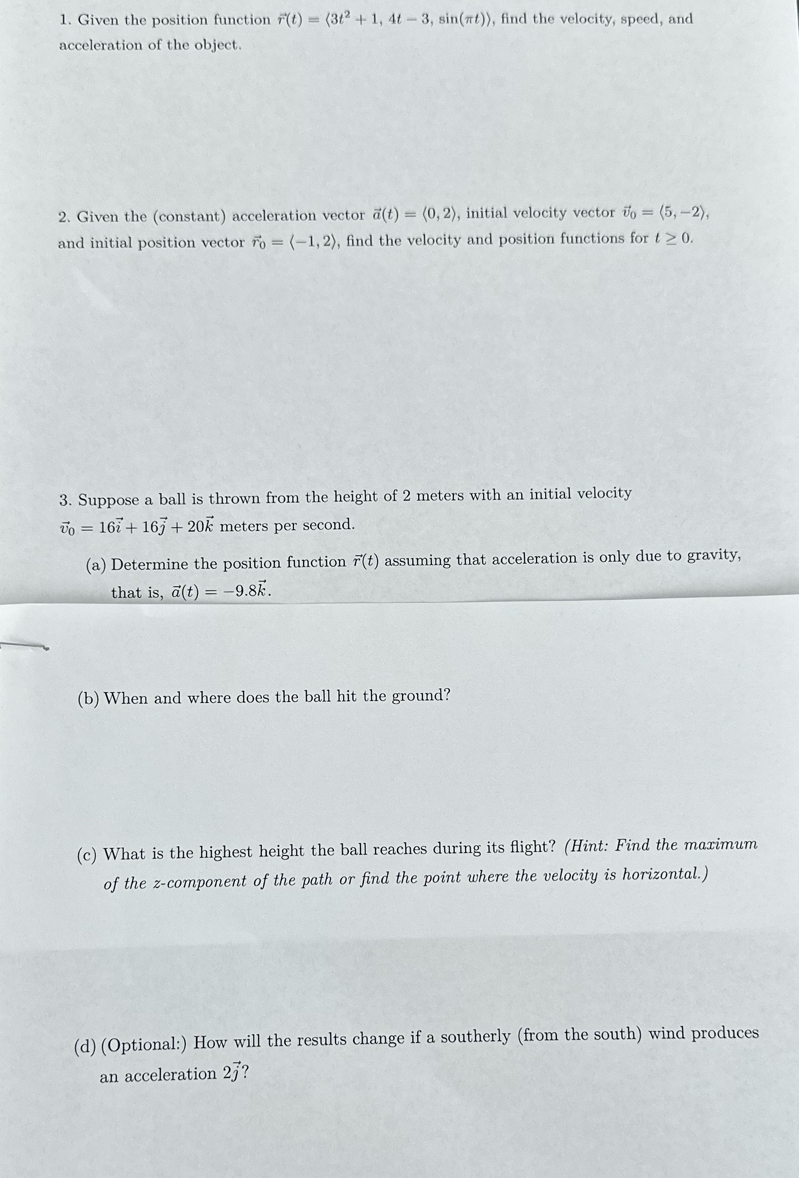 - 3, sin(at)), find the velocity, speed, and acceleration of the object.