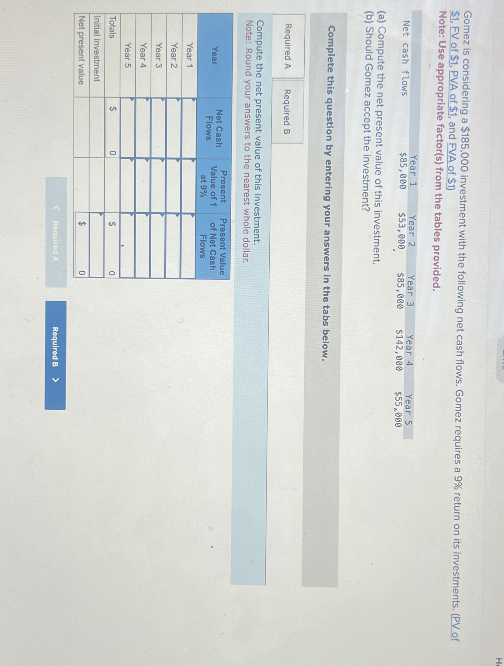 Gomez is considering a $185,000 investment with the following net cash