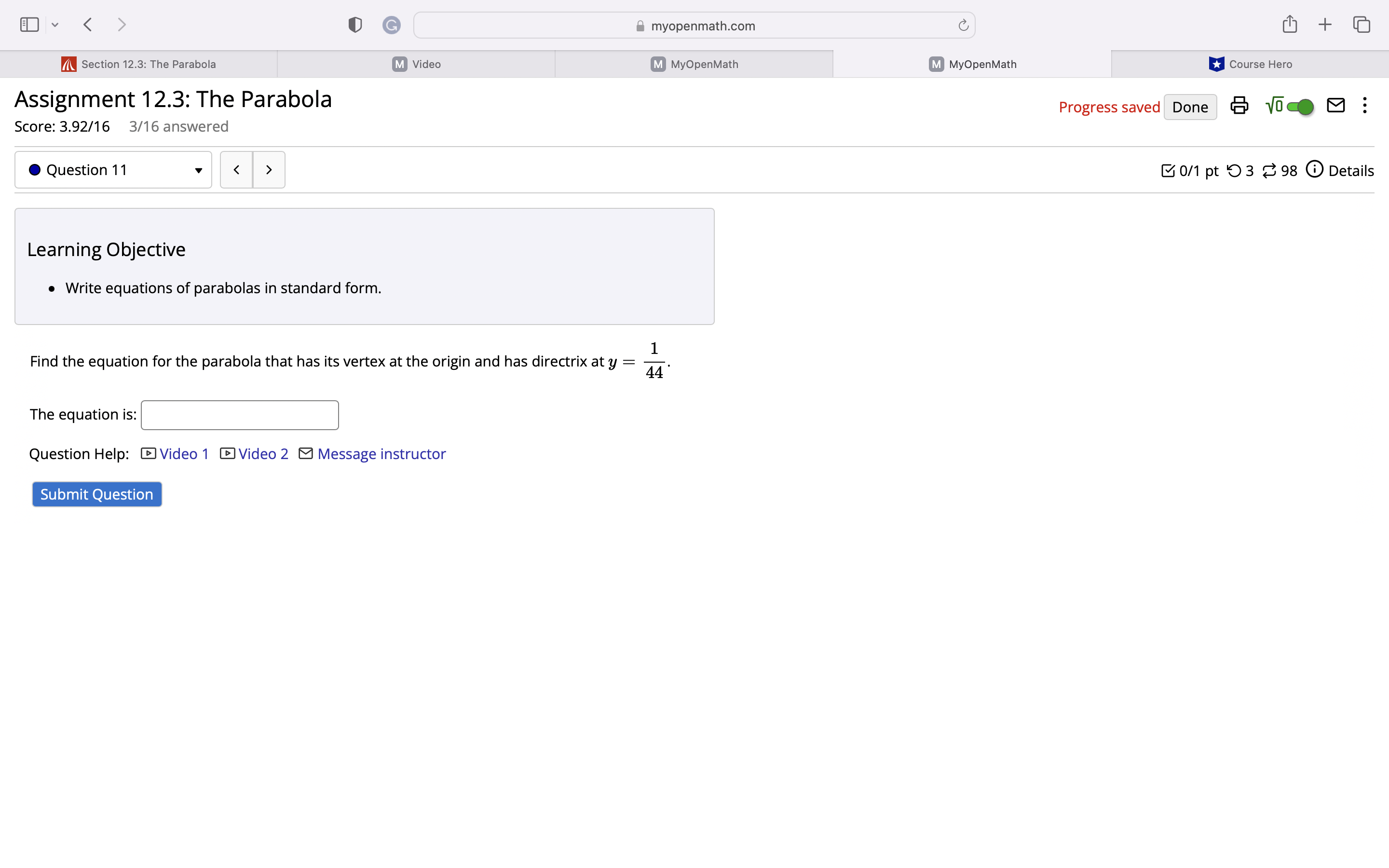  v > G myopenmath.com + Section 12.3: The Parabola M Video