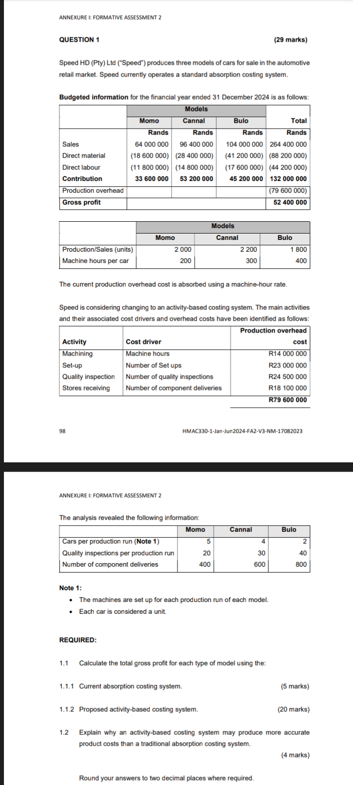  ANNEXURE I: FORMATIVE ASSESSMENT 2 QUESTION 1 (29 marks) Speed HD