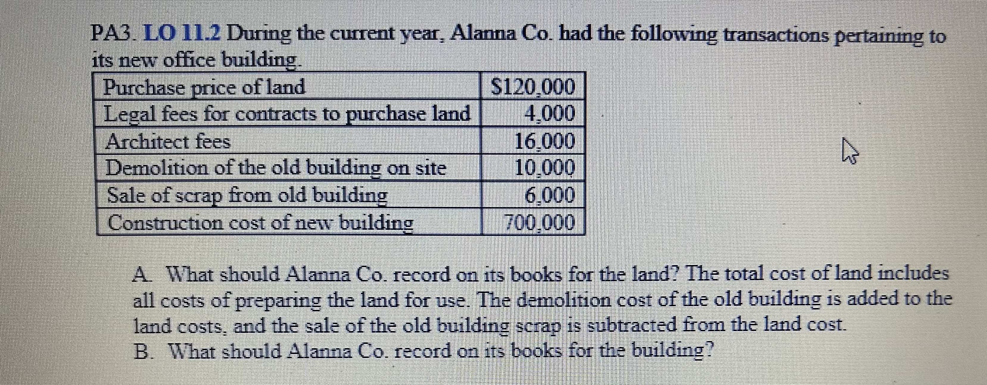 following transactions pertaining to its new office building. \table[[Purchase price of land,$120,000