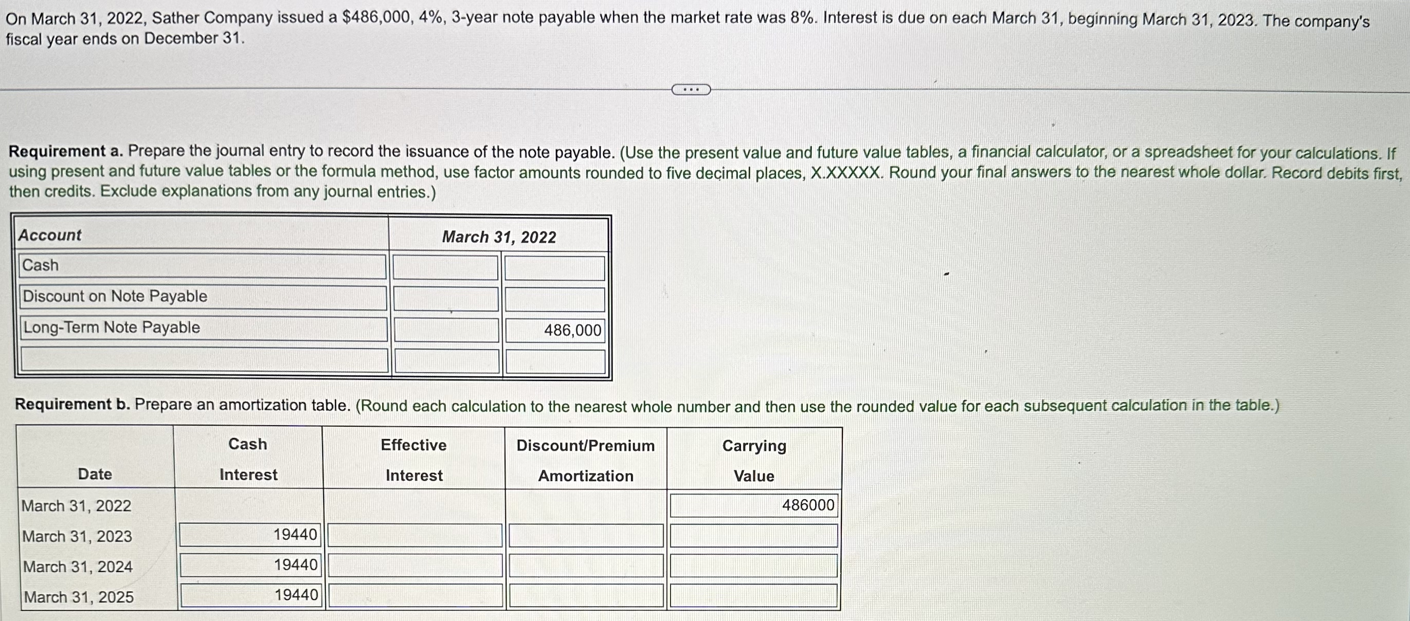 On March 31,2022, Sather Company issued a $486,000,4%,3-year note payable when