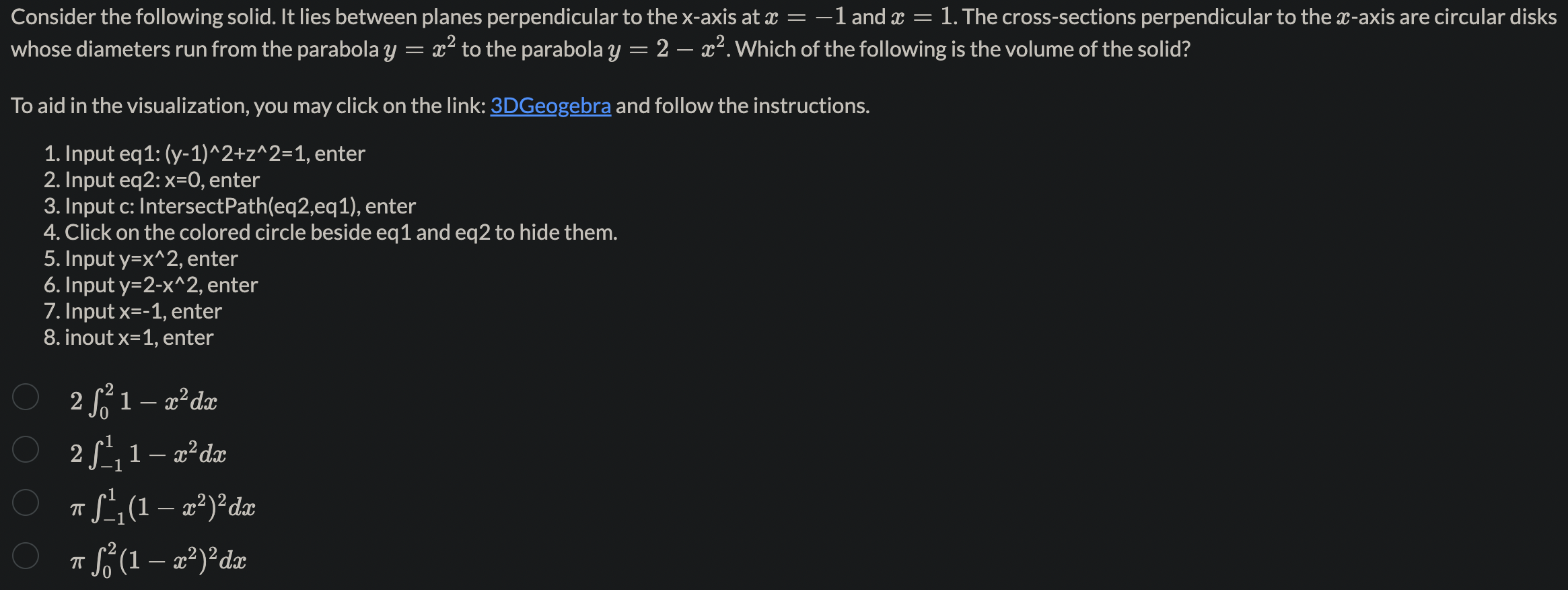 method) Name the methods used in finding the volumes. 1. So A(x)