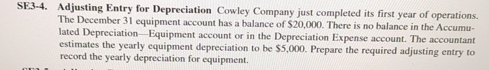 SE3-4. ?Adjusting Entry for Depreciation Cowley Company just completed its first