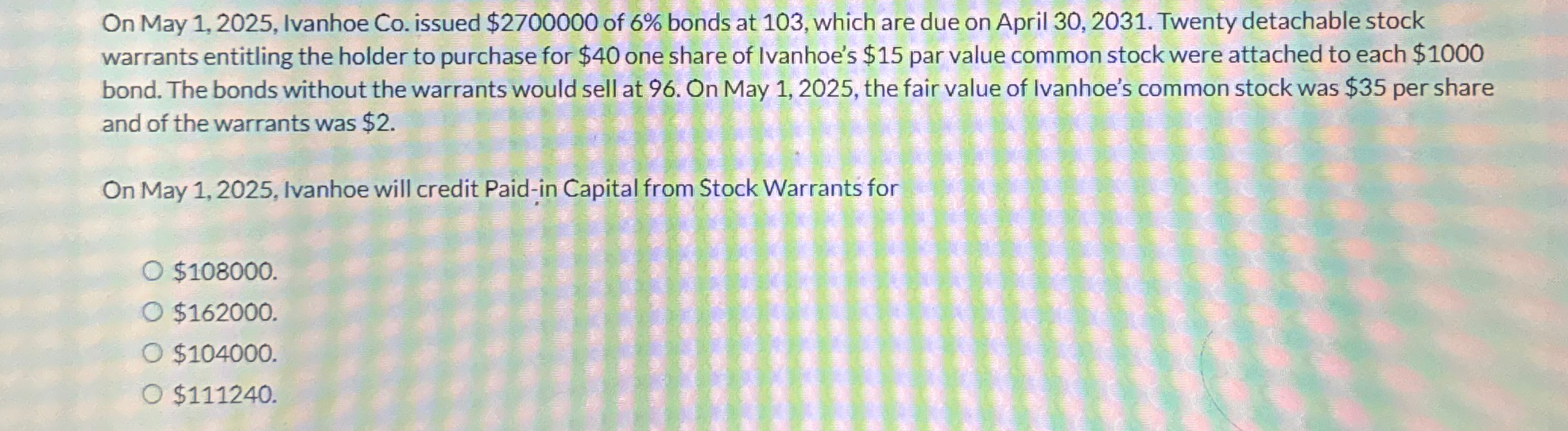 103, ?which are due on April 30,2031. ?Twenty detachable stock warrants entitling