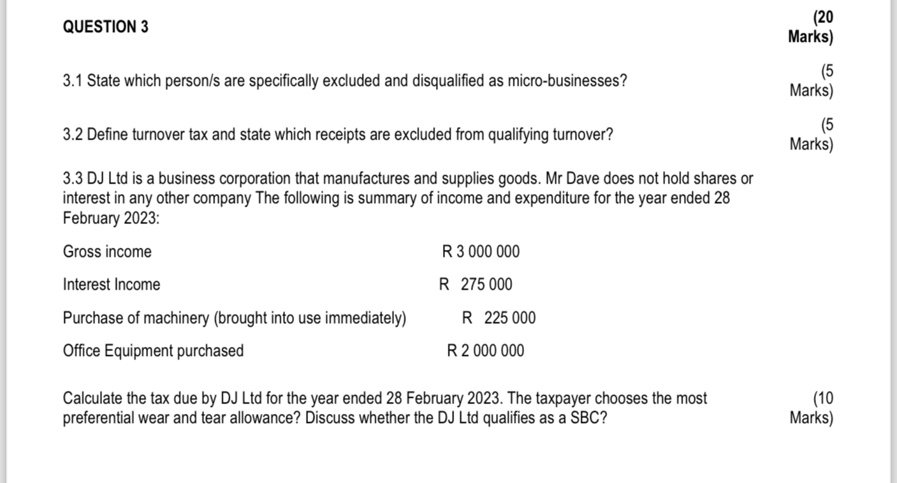 disqualified as micro-businesses? Marks) 3.2 Define turnover tax and state which receipts