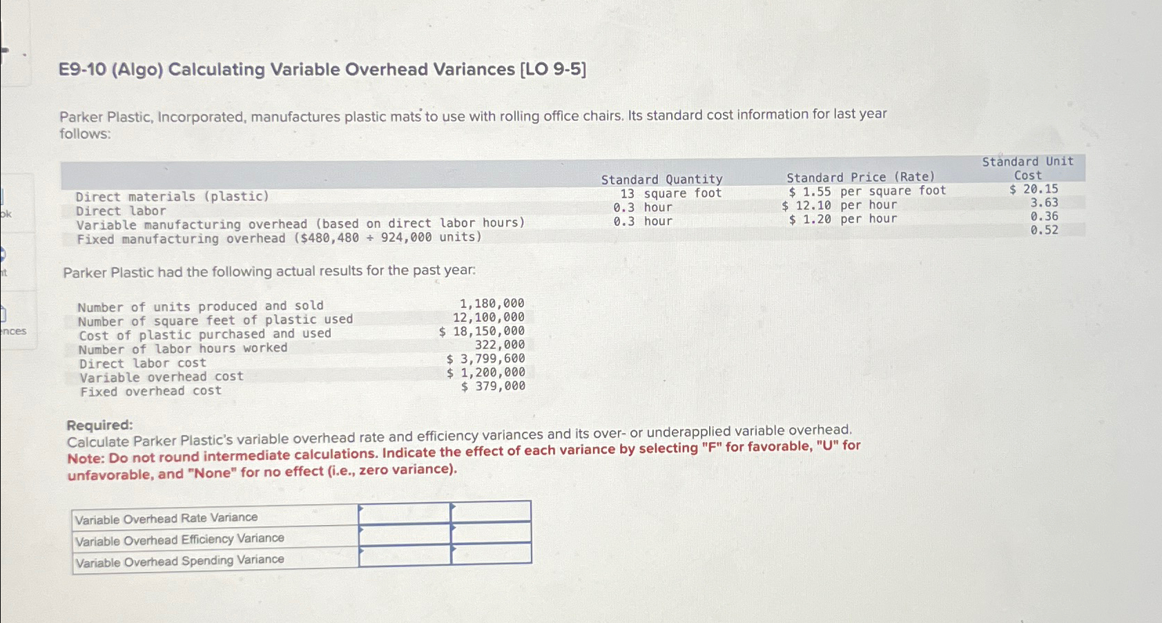  E9-10(Algo) Calculating Variable Overhead Variances [LO 9-5] Parker Plastic, Incorporated, manufactures
