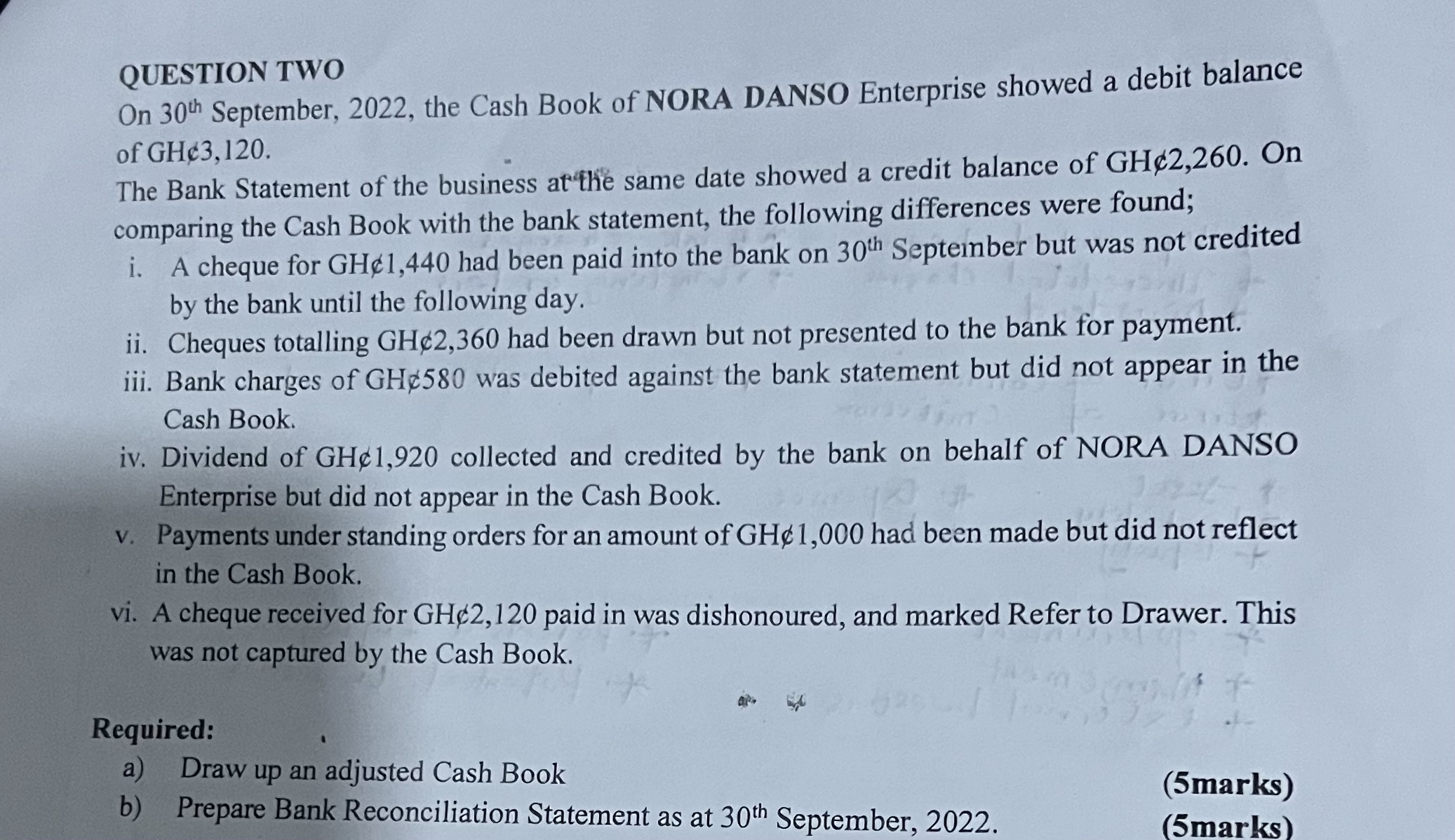  QUESTION TWO On 30th ?September, 2022, ?the Cash Book of NORA