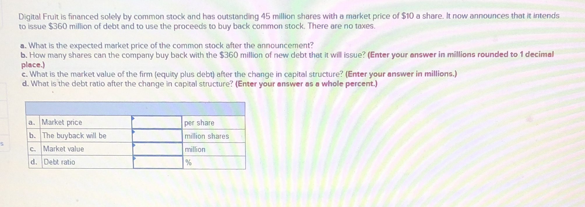  Question 2 Digital Fruit is financed solely by common stock and