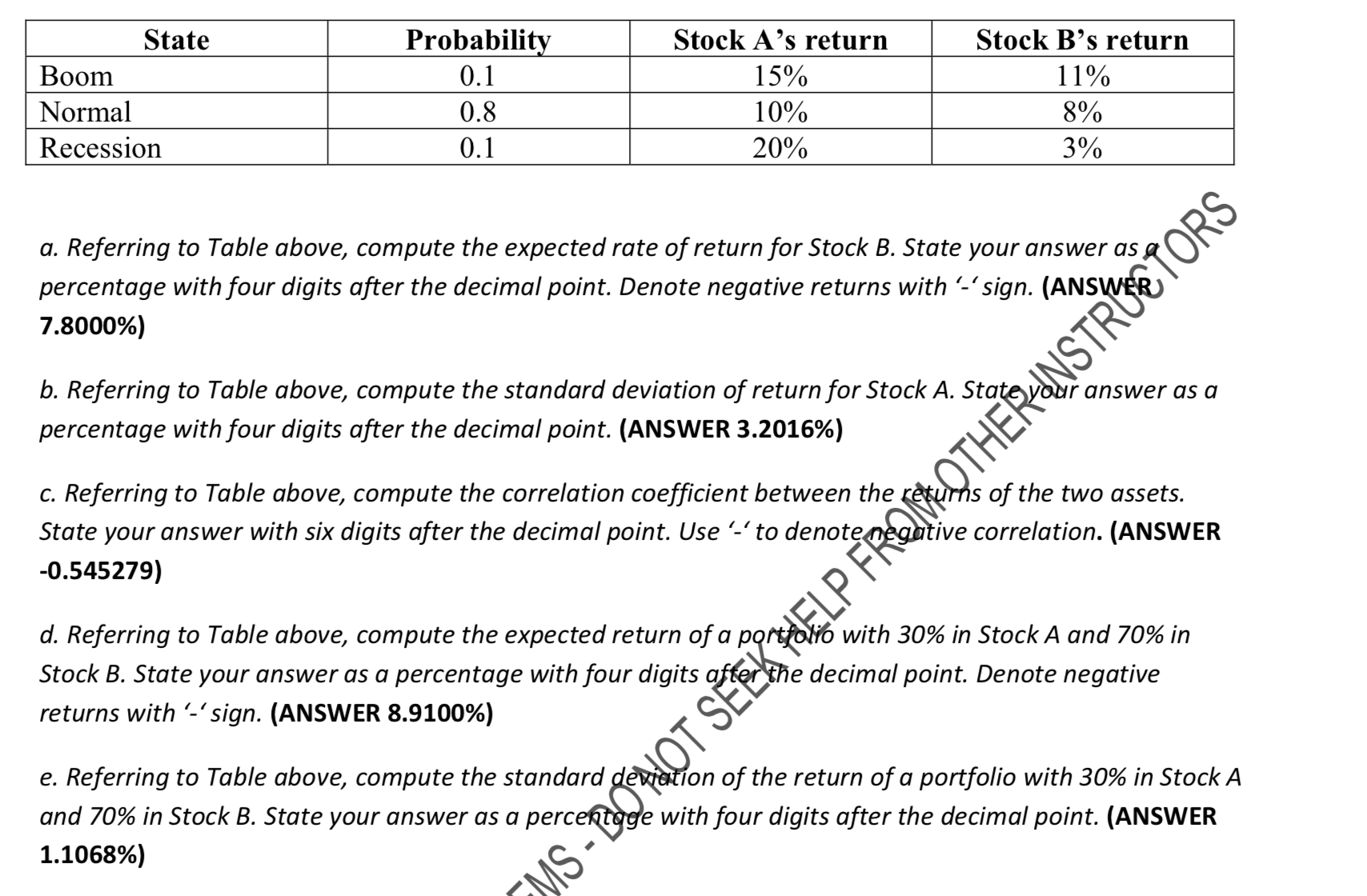 needed ' State Probability ' Stock A's return Stock B's return '