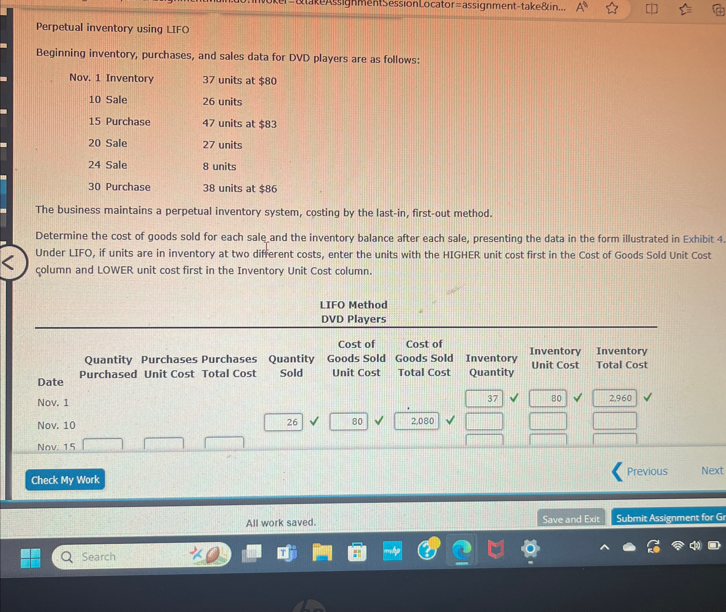 DVD players are as follows: \table[[Nov.1 Inventory,37 units at $80 