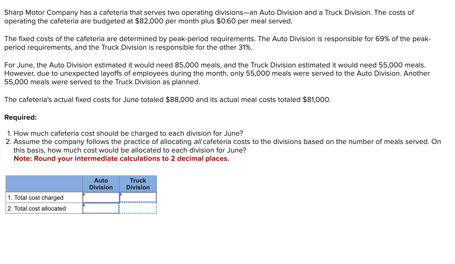  Sharp Motor Company has a cafeteria that serves two operating divisions-an