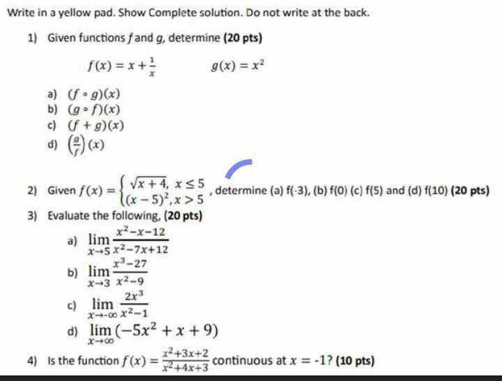 at the back. 1) Given functions f and g, determine (20 pts)