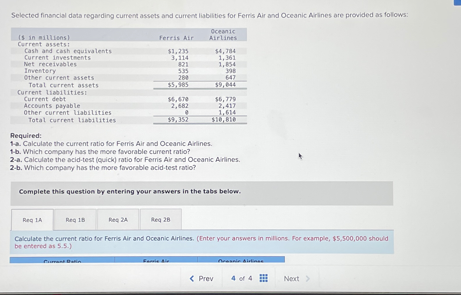 Air and Oceanic Airlines are provided as follows: \table[[($ in millions),Ferris Air,Oceanic],[Current